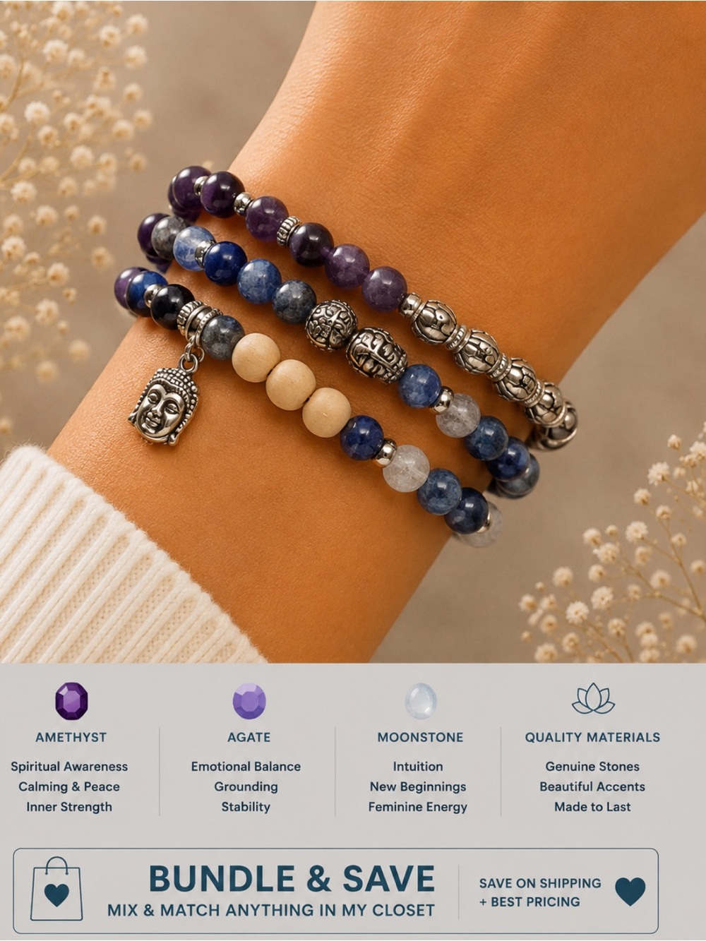 Genuine Amethyst, Agate, Quartz, & Wood Stretch UNISEX Bracelet layered Set